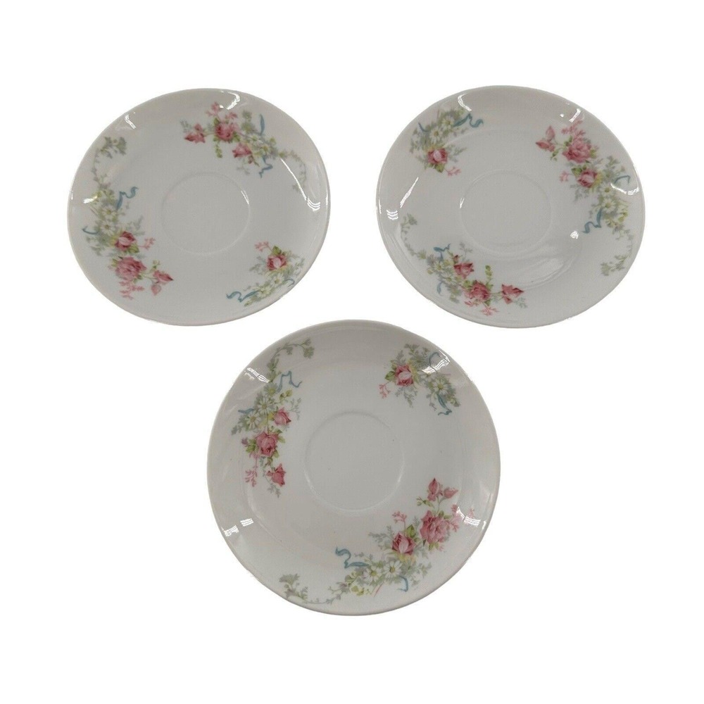 3 Theodore Haviland Limoges‎ Saucer Plate Pink Roses Embossed Gold 1893 Ribbon